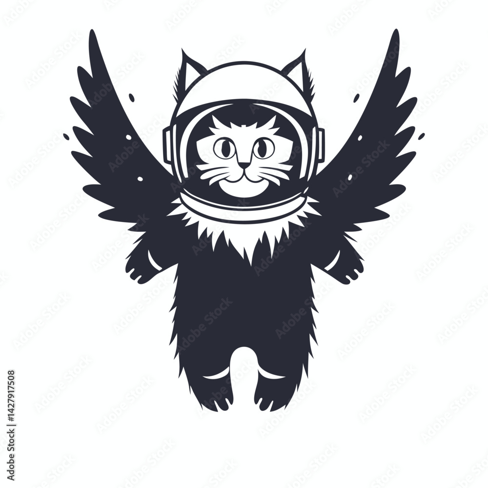 Fototapeta premium Silhouette Cat Astronaut With Wings, Space Helmet, Fluffy Body on White Backdrop