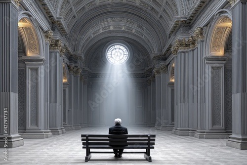 A lone figure in a cathedral pew deep in prayer with a Holy Spirit window above