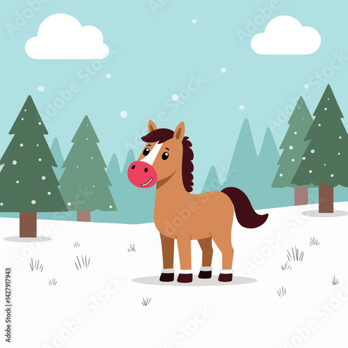 Cartoon Horse in Winter Landscape
