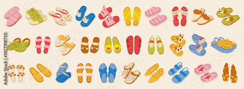 Big set female summer shoes. Sandals, mules, ballet flats, flip-flops. Stylish modern design. Flat hand drawn colorful vector illustration isolated on white background. 