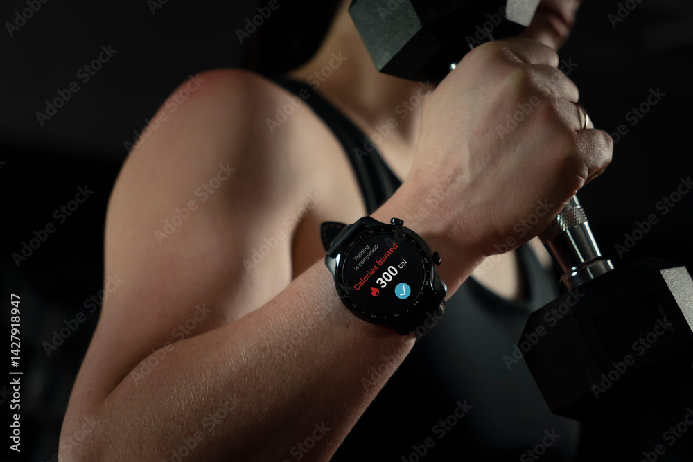 fitness bracelet or smart watch on the arm of a sporty girl. The inscription burning calories. woman doing fitness. Professional female bodybuilder training muscles. Arms workout. Training biceps
