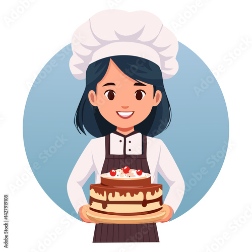 Cute Bakery chef girl Holding a cake smiling cartoon art illustration
