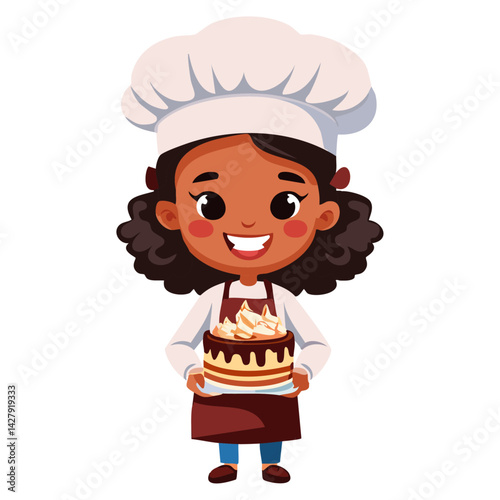 Cute Bakery chef girl Holding a cake smiling cartoon art illustration