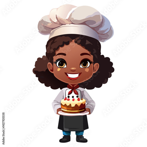 Cute Bakery chef girl Holding a cake smiling cartoon art illustration