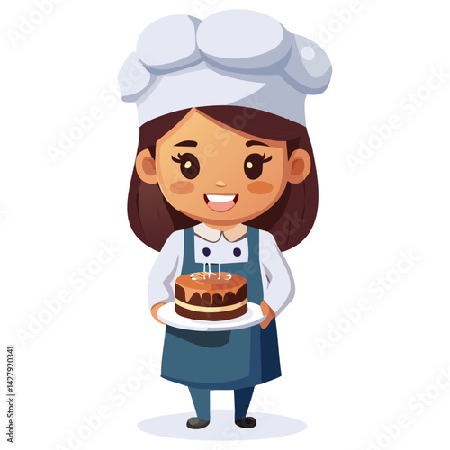 Cute Bakery chef girl Holding a cake smiling cartoon art illustration