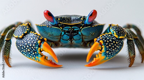 vibrant blue and orange crab close-up with polka dot pattern on shell and claws