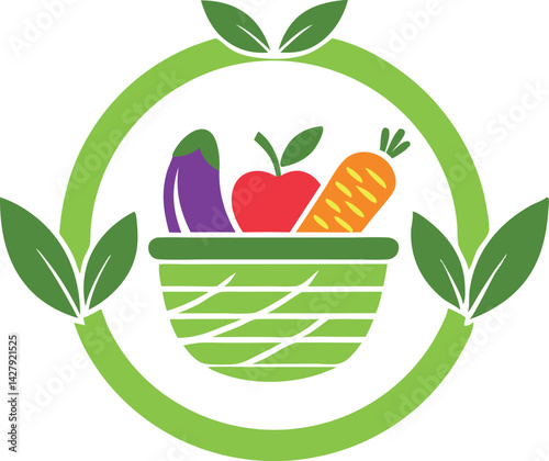 Harvest's Bounty: A vibrant and artistic illustration of a basket overflowing with fresh fruit, colorful produce, nestled within a circular frame symbolizing growth and the natural world.