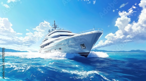 A luxury yacht cruising at high speed on a calm