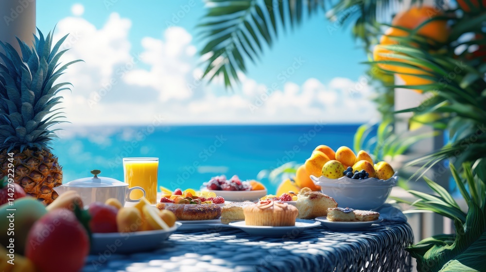 Obraz premium A beautifully set breakfast table overlooking a turquoise sea view