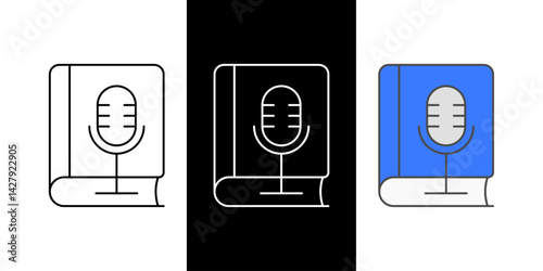Book with microphone icon set in outline, dark mode, and color styles. Ideal for podcasting, voice narration, audiobook content, and educational media creation.