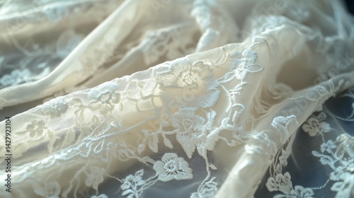 Close-up of delicate cream lace fabric with floral embroidery, soft light, textured surface.