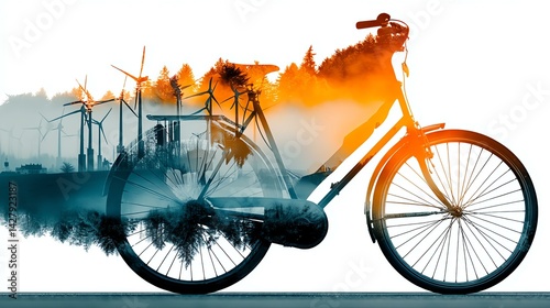 sustainability green energy An artistic blend of a bicycle and wind turbines, symbolizing sustainable transport and environmental awareness.
