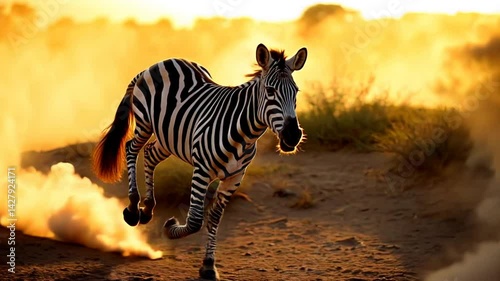 Zebra running toward camera at sunset in dusty African savanna, dramatic wildlife scene with golden light and close-up motion