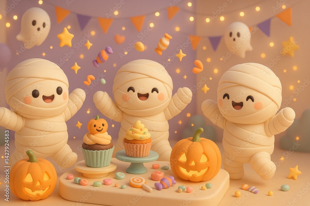 Fototapeta premium Mummy Party: Three adorable mummies dressed in white bandages celebrate Halloween with a feast of cupcakes, pumpkins, and a sprinkle of magic.