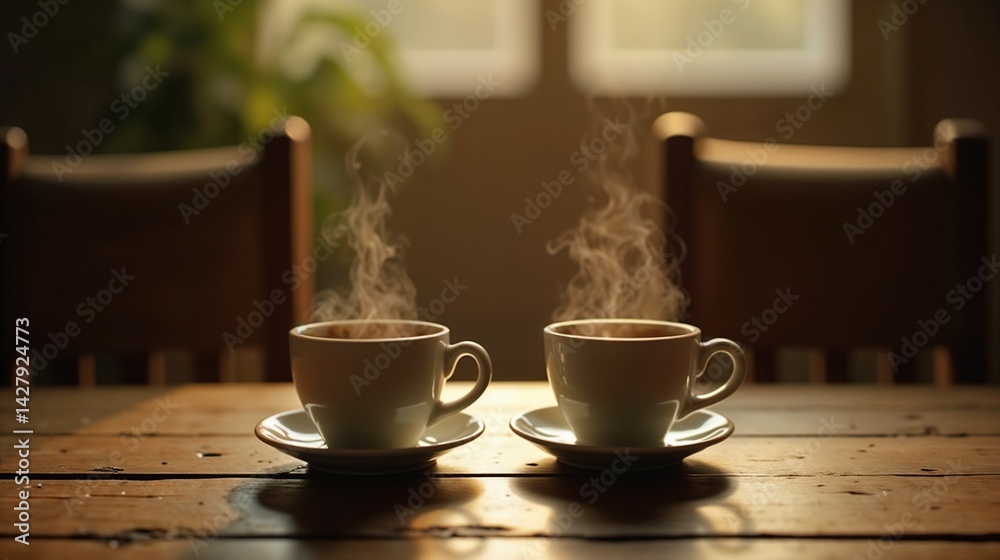 Obraz premium Steam rising from two cups of coffee on a wooden table in a cozy interior during the morning