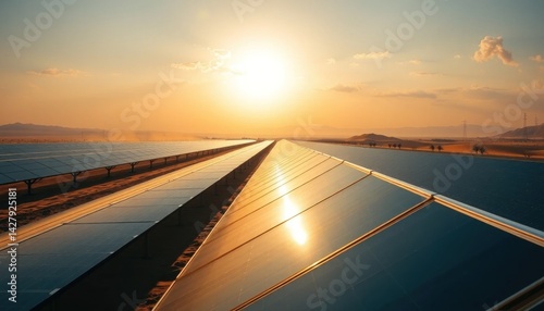 Sunset over Solar Power Plant in the Desert: Renewable Energy Future