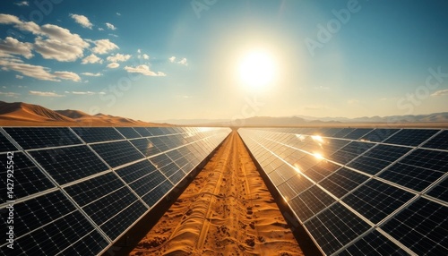 Renewable energy in arid landscape: Vast solar panel array in the desert