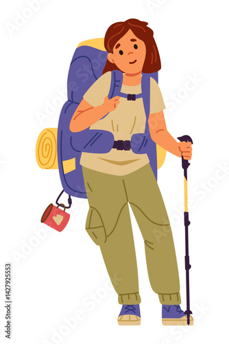 Cute teenage girl standing with backpack and hiking pole flat vector illustration isolated on white. Hiking and tourism for children. Summer outdoors activities.