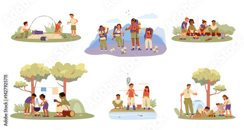 Set of different scenes with children alone and with adults doing summertime outdoors activities, camping, hiking, fishing flat vector illustrations.