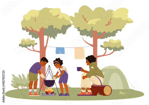 African American family camping flat vector illustration. Children making dinner on campfire. Summertime outdoors activities.
