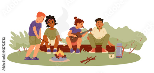 Group of multiracial teenagers sitting near bonfire on a log playing ukulele, roasting marshmallow flat vector illustration isolated on white.