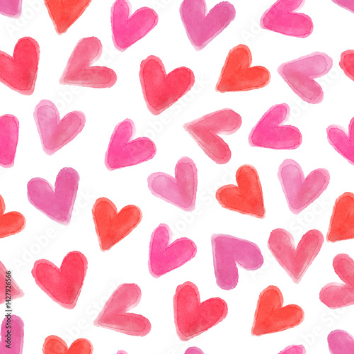 Seamless pattern with watercolor pink and red hearts on a white background