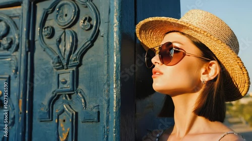 Profile view of an attractive woman with a straw hat and sunglasses leaning against a weathered blue ornate wooden door.