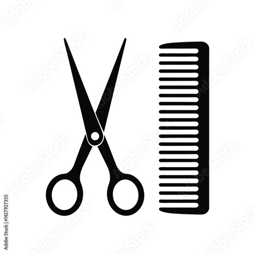 An open scissors and a comb vector silhouette