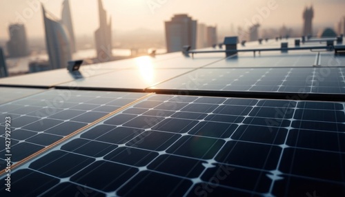 Urban sustainability: Solar panels gleam on a city rooftop at sunrise