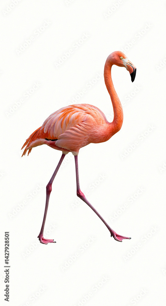Fototapeta premium Flamingo Walking Isolated on White Background Tropical Bird