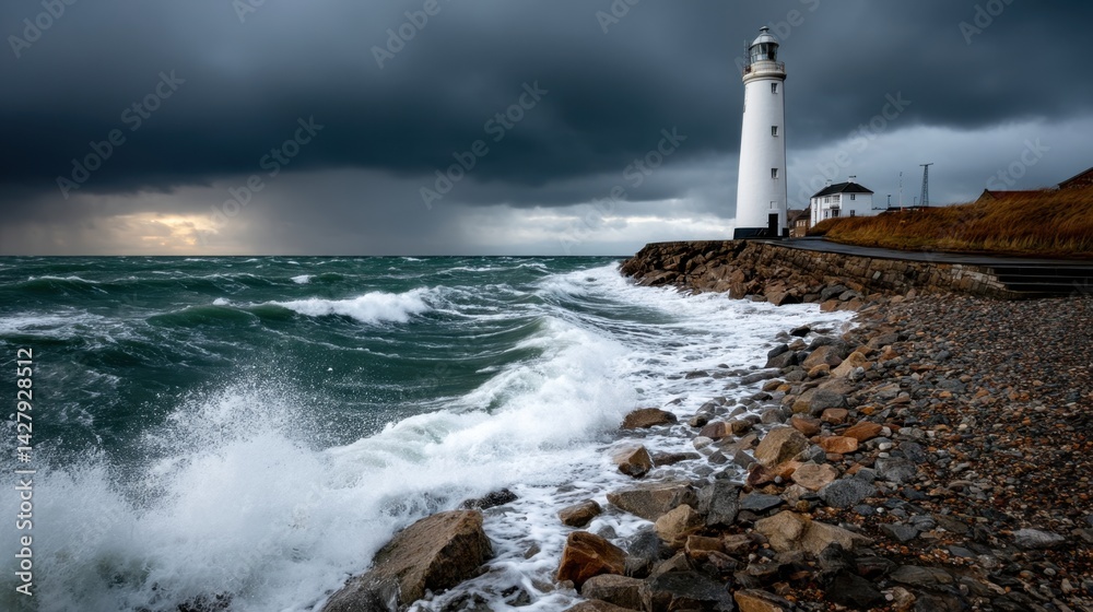 Stormy Weather Over the Coast with a Lighthouse and Rough Sea Waves in the Evening
