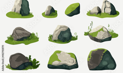 Minimalistic Moss-Covered Rocks Vector Set for Natural Design Elements