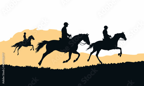 Silhouette Horseback Riders at Sunrise Minimalist Black Vector Illustration for Leisure Themes