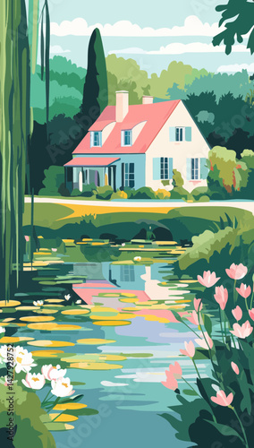 Giverny Water Lily Pond and House in France Art Vector Illustration