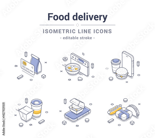 Diverse food delivery elements represented as isometric line icons, illustrating a variety of meals and delivery items. Vector illustration