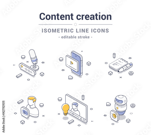 Collection of isometric line icons representing various aspects of content creation, including tools like microphones, cameras, and editing software. Modern vector illustrations set