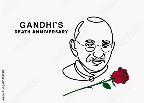 Line Art of Mahatma Gandhi Commemorating His Death Anniversary with a Red Rose