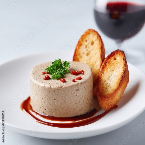 Luxurious pate with toast points, plated with finesse on white