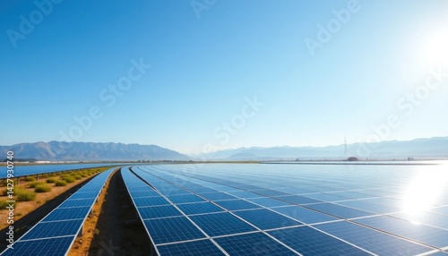 Extensive Solar Array Beneath a Clear Blue Sky Providing Clean Energy