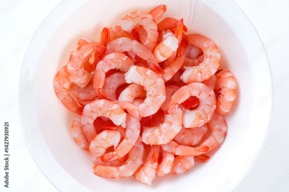 Peeled shrimps in bowl on white background. Top view Peeled shrimps in bowl on white background. Top view