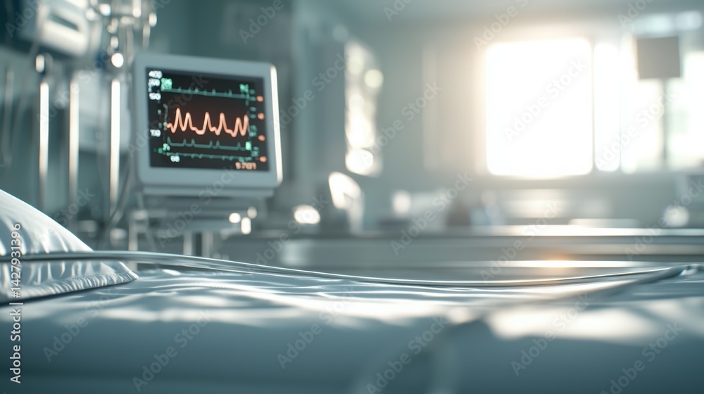 Obraz premium A hospital room with a focus on a bed and a medical monitor displaying vital signs, illuminated by soft natural light.
