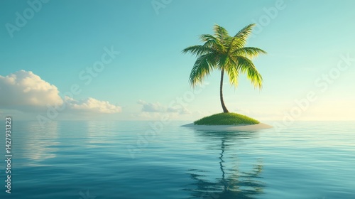 Serene Island with Palm Tree in Calm Ocean Waters
