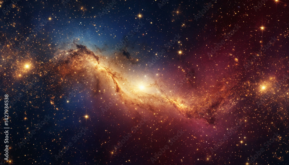 Fototapeta premium Space nebula bright h with golden sparkles. AI generated.