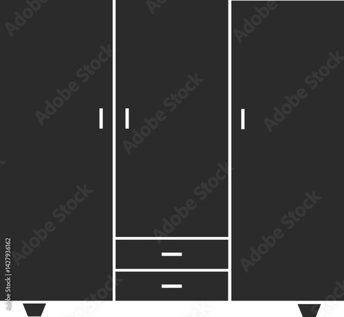 modern triple door wardrobe icon in dark grey and clear background, editable vector illustration