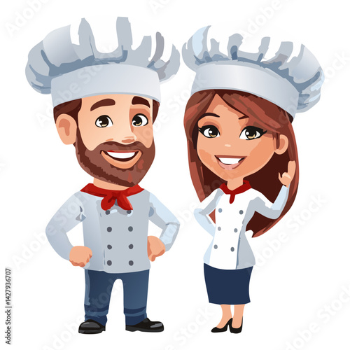 Smiling happy female chef and male chef