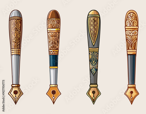 Illustration of Ornate Fountain Pens: A Vector Collection of Elegance