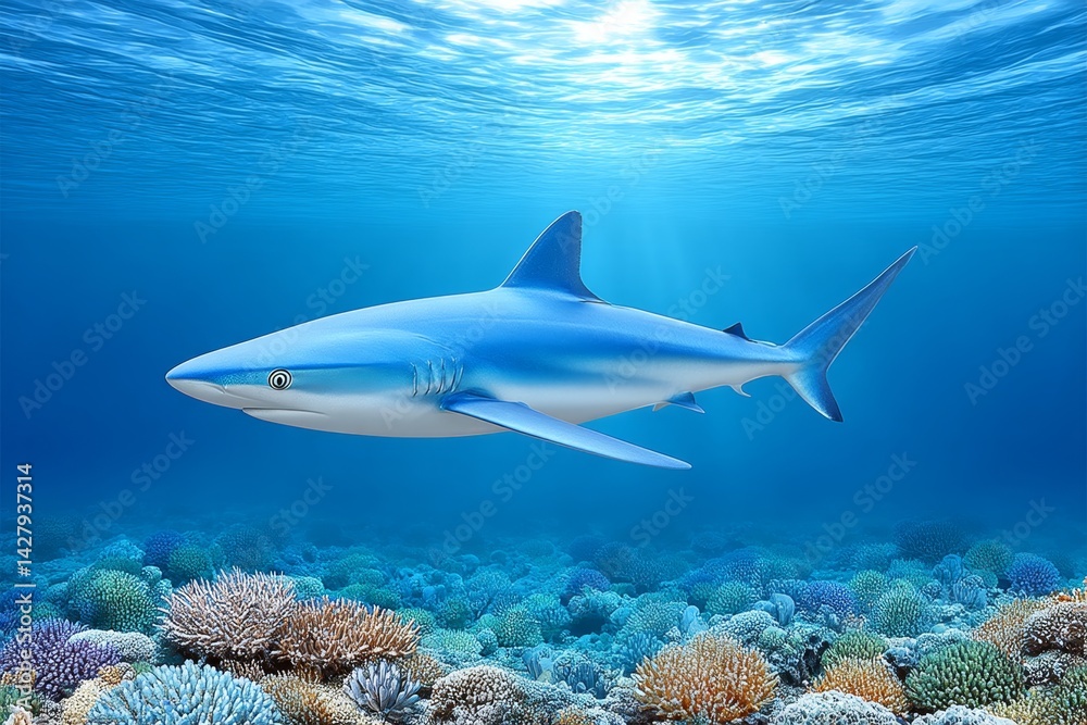 Fototapeta premium An underwater camera capturing a shark swimming gracefully through deep sea