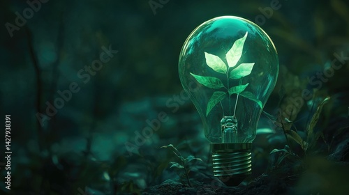 a green light bulb with a plant inside of it, green energy, environmental light