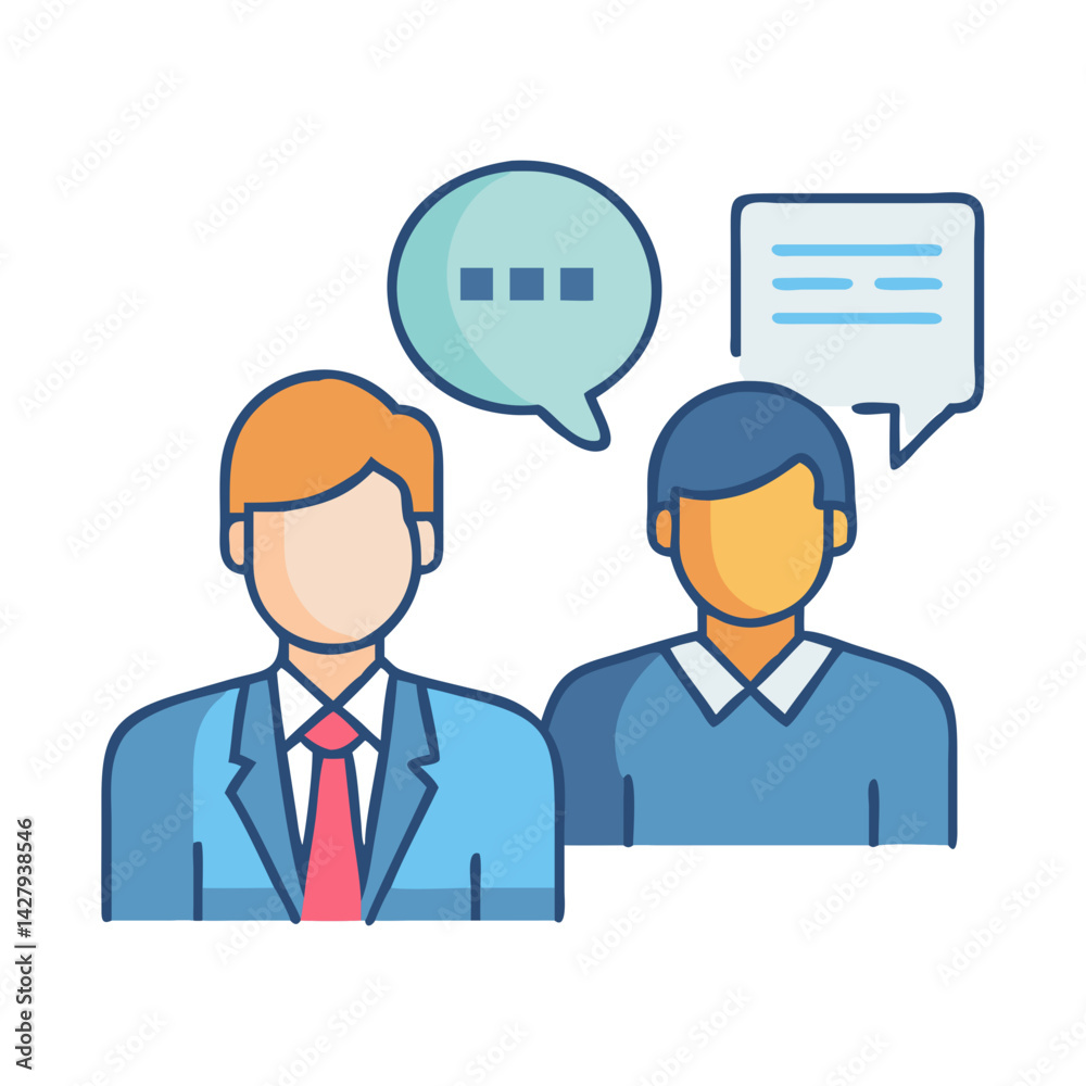 Business Communication and Discussion Illustration: Two Professionals Talking with Speech Bubbles Business Communication and Discussion Illustration: Two Professionals Talking with Speech Bubbles