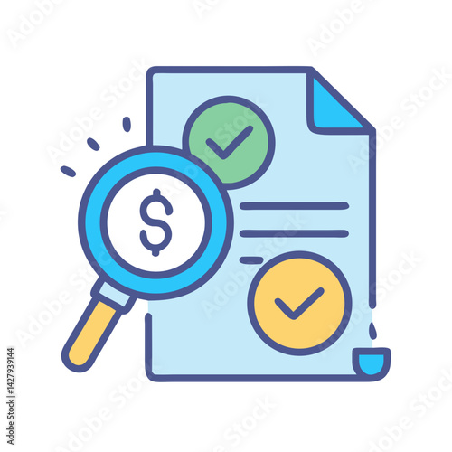 Financial Audit Approval: Dollar Sign Magnifying Glass Inspecting Document with Check Marks